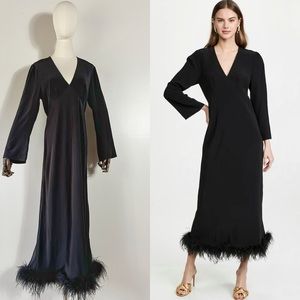 RIXO “Mya” feather-trimmed black midi dress